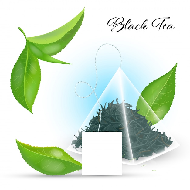 Concepto de té negro con bolsita de té piramidal y hojas realistas. ilustración.