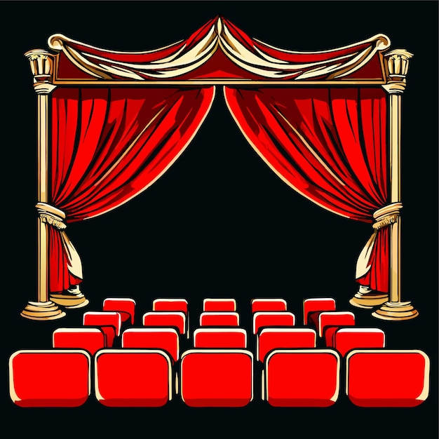 Vector concepto de teatro realista lujosas cortinas de terciopelo rojo con asientos de teatro escarlata