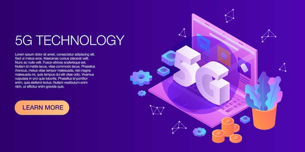 Concepto de tecnología 5G banner, estilo isométrico