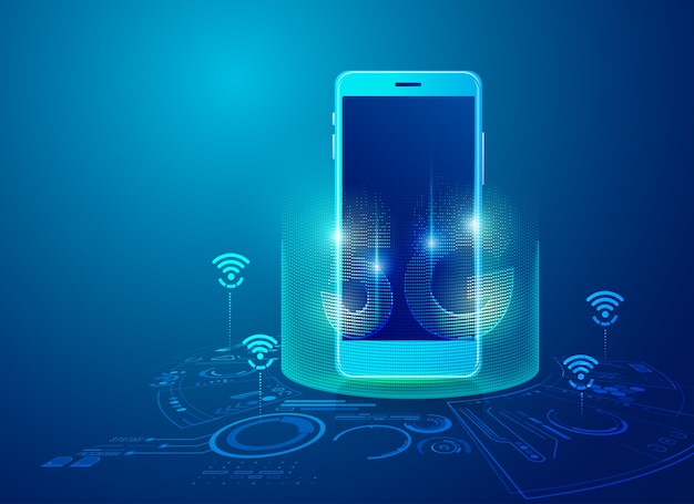 Concepto de tecnología 5g en dispositivos móviles, gráfico de dispositivo de comunicación con elemento futurista
