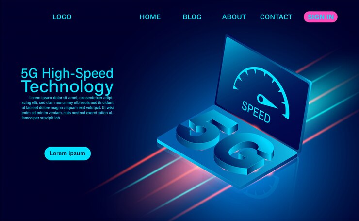 Vector concepto de tecnología de alta velocidad 5g. red de comunicación inalámbrica a internet. conexión de red a internet más rápida. ilustración de diseño plano isométrico