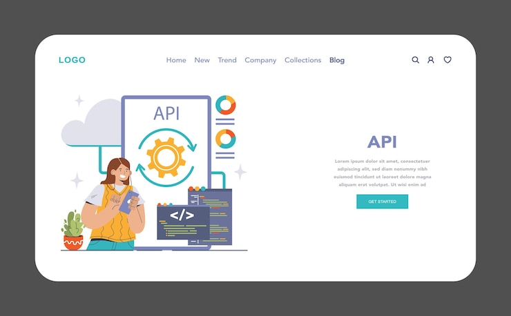 Vector concepto de tecnología api donde un desarrollador enfocado se involucra con interfaces de programación de aplicaciones