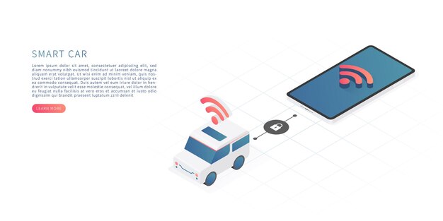 Concepto de tecnología de automóvil inteligente Ilustración isométrica de vector con automóvil y teléfono inteligente