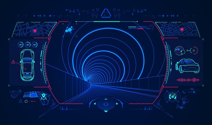 Vector concepto de tecnología de automóviles inteligentes gráfico de interfaz de simulación de conducción