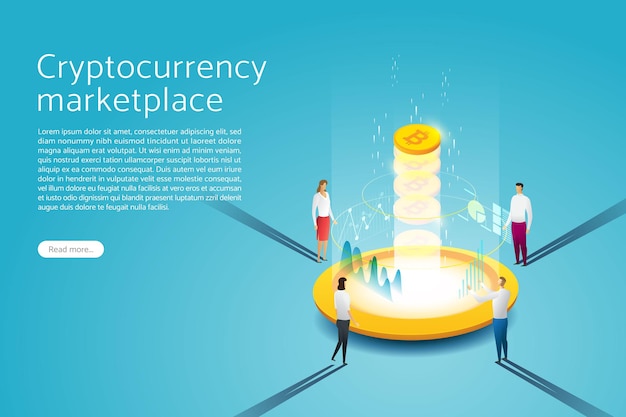 Concepto de tecnología Bitcoin blockchain grupo personas minería de moneda digital para criptomonedas