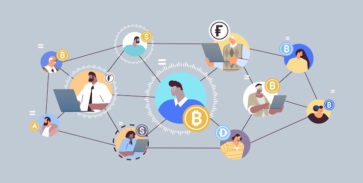 Vector concepto de tecnología blockchain y criptomoneda del sistema financiero descentralizado defi horizontal
