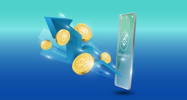 Concepto de tecnología blockchain con flecha azul de tendencia alcista con fondo de moneda binance. Ilustración vectorial realista.