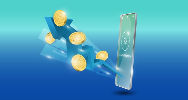 Concepto de tecnología blockchain con flecha azul de tendencia alcista con fondo de moneda cardano. Ilustración vectorial realista.