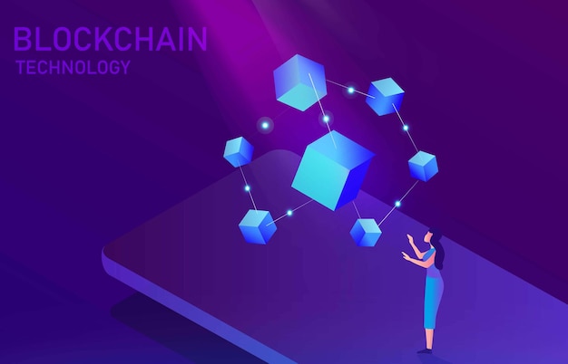 Concepto de tecnología Blockchain, la mujer tiene experiencia en tecnología futura que conecta blockchain