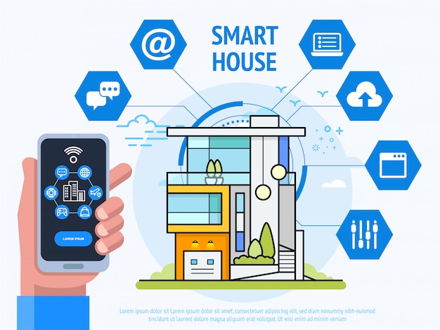 Vector concepto de tecnología de casa inteligente. mano humana sosteniendo smartphone con aplicación de sistema de control. ilustración