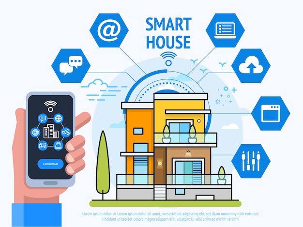 Vector concepto de tecnología de casa inteligente. mano humana sosteniendo teléfono inteligente con aplicación de sistema de control.