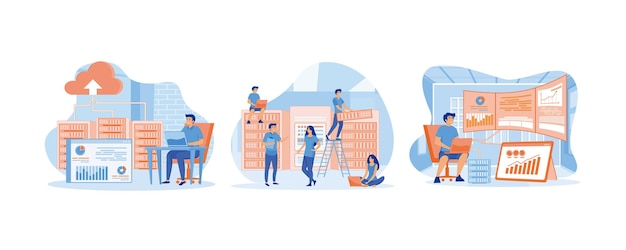 Concepto de tecnología de centro de datos con esquema de personas escena Gente de negocios en la sala del centro de datos Hombre trabajando en la habitación del centro de data Set de vector plano ilustración moderna