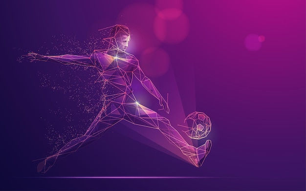 Vector concepto de tecnología de la ciencia del deporte, jugador de fútbol poligonal con elemento futurista