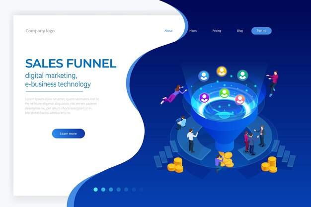 Concepto de tecnología de comercio electrónico y marketing digital de generación de clientes de ventas de generación de embudo en línea isométrica Plantilla de página de destino para ilustración de vector de marketing en Internet web