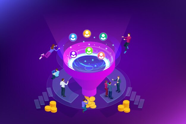 Concepto de tecnología de comercio electrónico y marketing digital de generación de clientes de ventas de generación de embudo en línea isométrica Plantilla de página de destino para ilustración de vector de marketing en Internet web
