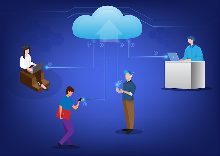 Vector concepto de tecnología de computación en la nube servicio o aplicación digital con procesamiento de datos de transferencia de datos protección de concepto de seguridad de datos diseño plano isométrico