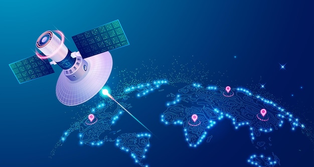 Concepto de tecnología de comunicación gráfica de satélite futurista con mapa del mundo del terreno como fondo