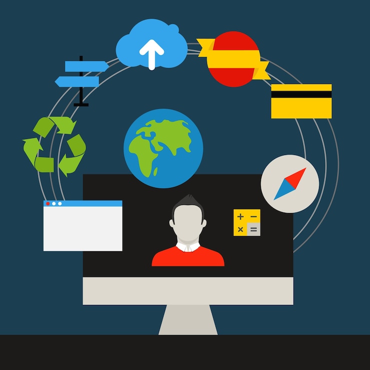 Vector concepto de tecnología de comunicación iconos de aplicaciones de medios planos