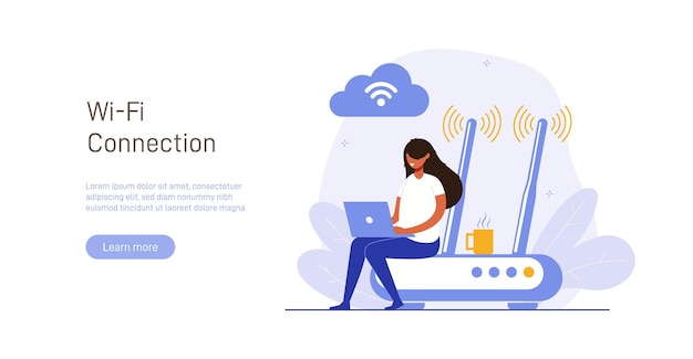 Concepto de tecnología de conexión inalámbrica a Internet de red móvil Mujer que trabaja en la computadora