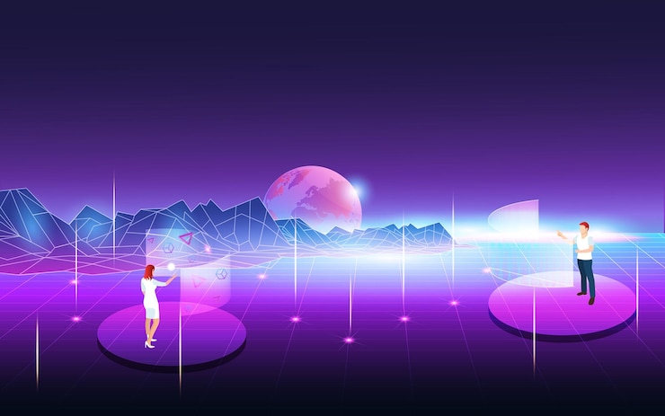 Vector concepto de la tecnología digital del futuro metaverso fondo colorido