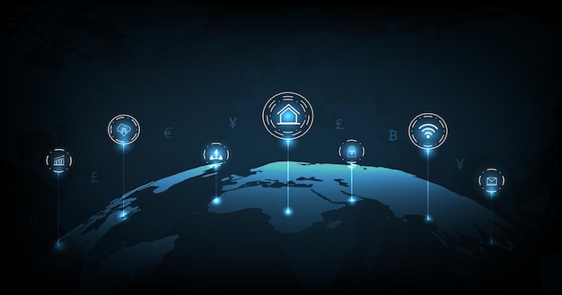 Concepto de tecnología financiera fintechPago de banca de inversión empresarial con iconos en el mapa mundial