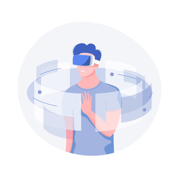 Concepto de tecnología futura. Hombre joven con auriculares Vr con tocar la interfaz vr. Estilo plano de moda.