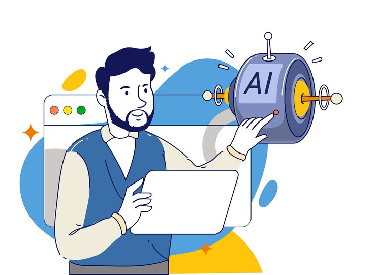 Vector concepto de tecnología de ia personas y robots de inteligencia artificial comunicación humana utilizando chatbots de texto e imagen para ayuda empresarial ilustración de diseño plano moderno