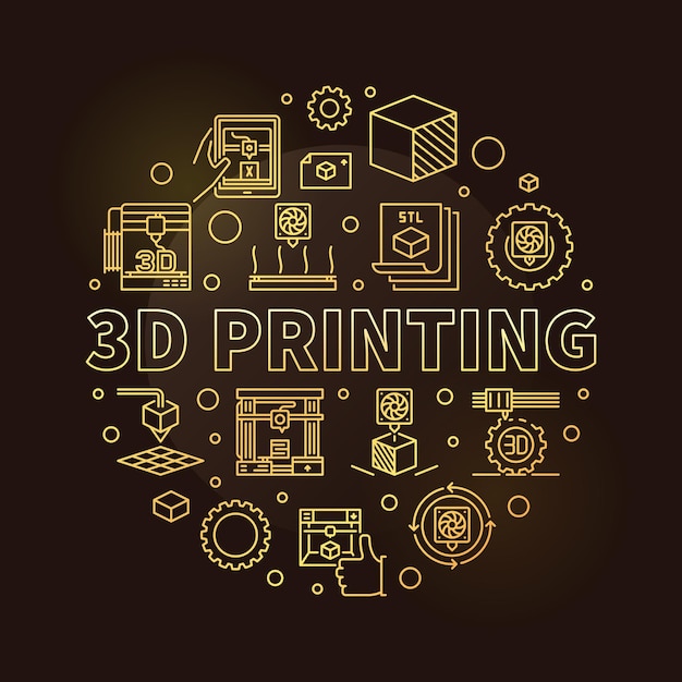 Concepto de tecnología de impresión de vector de impresión 3d ilustración de contorno dorado redondo