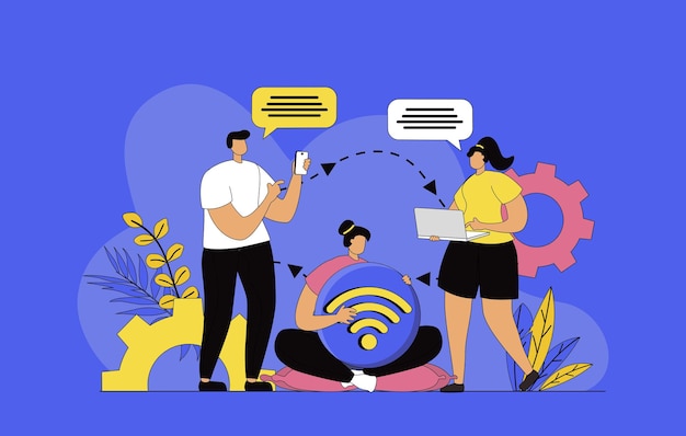 Concepto de tecnología inalámbrica con diseño plano moderno para la web Hombre y mujer que utilizan internet gratuito y se conectan a un punto de acceso wifi desde una computadora portátil y un teléfono inteligente para conversar virtualmente Ilustración vectorial