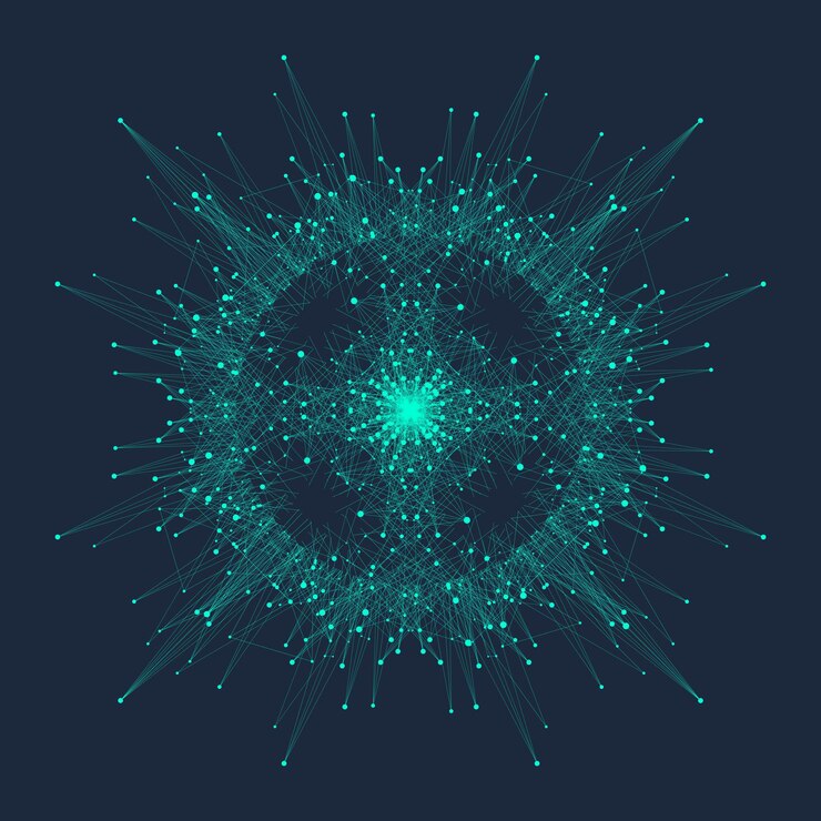 Vector concepto de tecnología informática cuántica. inteligencia artificial de aprendizaje profundo. visualización de algoritmos de big data para negocios, ciencia, tecnología. las ondas fluyen, puntos, líneas. ilustración de vector cuántico.