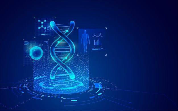 Concepto de tecnología de ingeniería genética, gráfico de adn y virus con elemento de atención médica