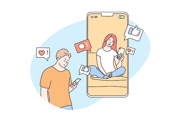 Concepto de tecnología, en línea, comunicación, redes sociales, cuarentena