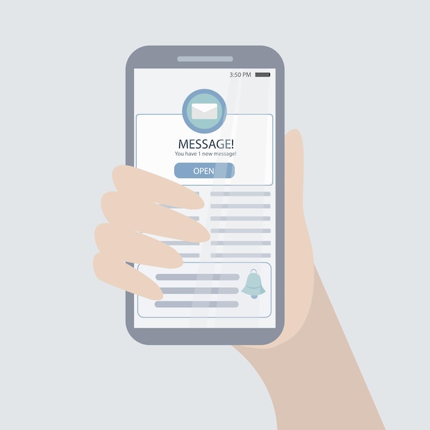 Concepto de tecnología con la mano que sostiene el teléfono inteligente con notificación de mensaje.