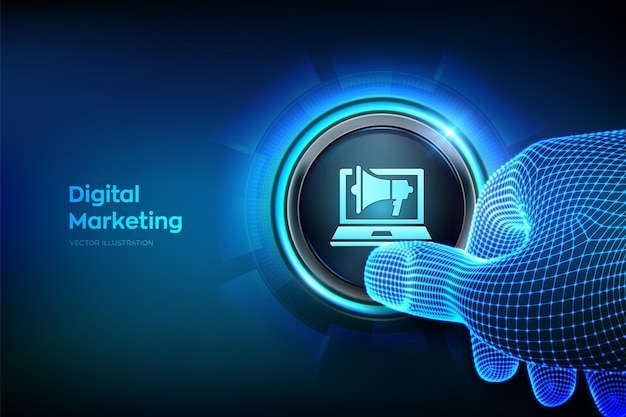 Concepto de tecnología de marketing digital Optimización de motor de búsqueda en línea de Internet SEO SMM Publicidad Primer dedo a punto de presionar un botón Ilustración vectorial