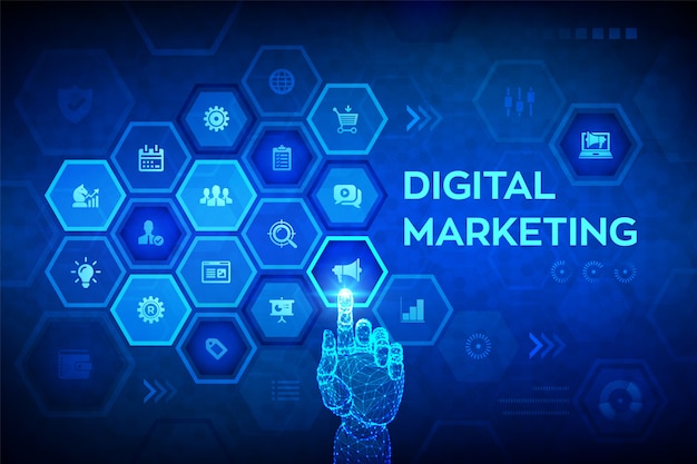 Concepto de tecnología de marketing digital en pantalla virtual. Mano robótica conmovedora interfaz digital.