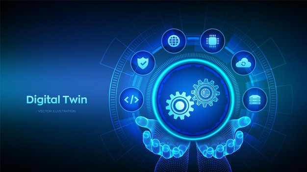 Concepto de tecnología de modelado de procesos comerciales e industriales gemelos digitales en pantalla virtual Innovación y optimización Icono de gemelo digital en manos de wireframe Ilustración vectorial