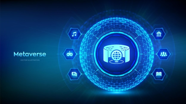 Concepto de tecnología de mundo virtual de metaverso Visualización y simulación 3D Inteligencia artificial Realidad aumentada y tecnología virtual Fondo de esfera de rejilla hexagonal Ilustración vectorial