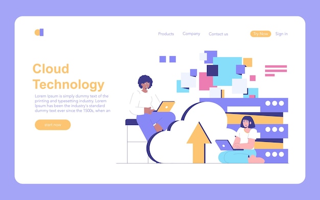 Concepto de tecnología en la nube dos profesionales trabajando en portátiles con datos abstractos y gráficos en la nube