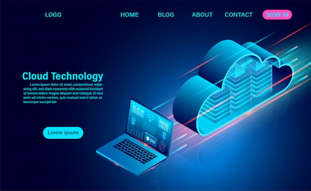 Concepto de tecnología en la nube. tecnología informática en línea. Concepto de procesamiento de flujo de datos grandes. Ilustración de diseño plano isométrico