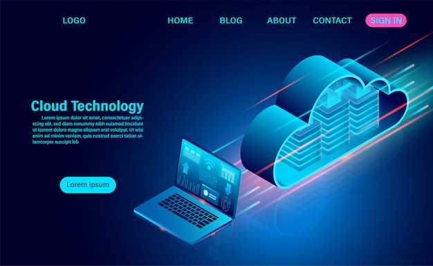 Concepto de tecnología en la nube. tecnología informática en línea. concepto de procesamiento de flujo de datos grandes. ilustración de diseño plano isométrico