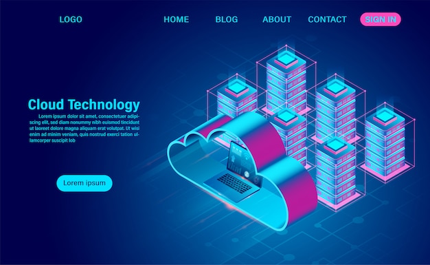Concepto de tecnología en la nube. tecnología informática en línea. Concepto de procesamiento de flujo de datos grandes. Ilustración de diseño plano isométrico