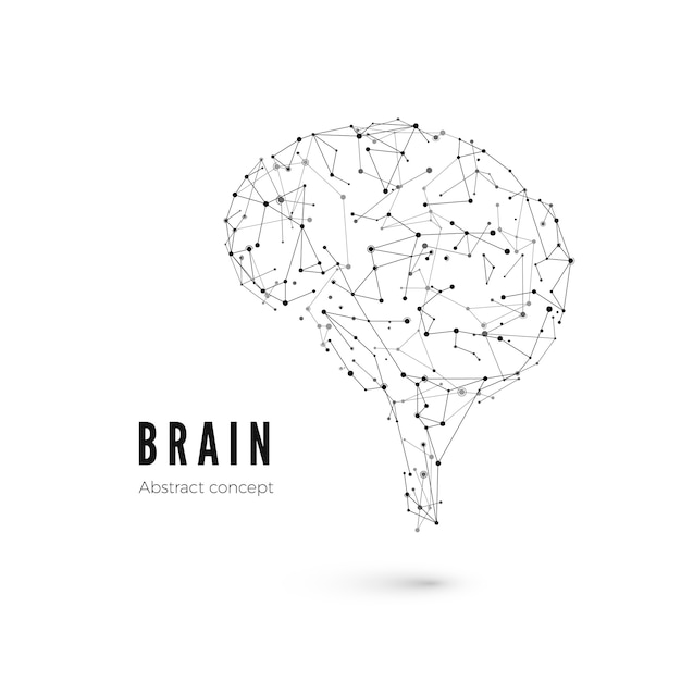 Concepto de tecnología, partículas y líneas. Forma de cerebro poligonal de una inteligencia artificial con líneas y puntos. ilustración