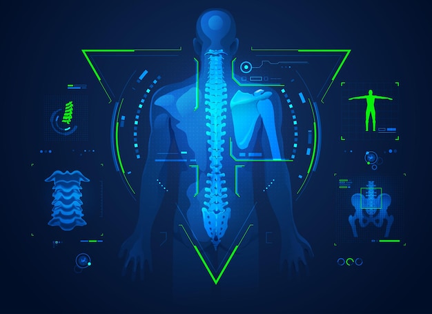 Concepto de tecnología quiropráctica o tratamiento médico de la columna vertebral, gráfico de la columna vertebral humana con interfaz de rayos x