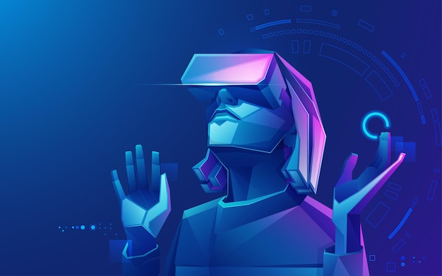 Concepto de tecnología de realidad virtual, gráfico de un jugador adolescente con un juego de realidad virtual montado en la cabeza