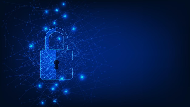 concepto de tecnología de seguridad cibernética candado digital con pantalla virtual sobre fondo azul oscuro