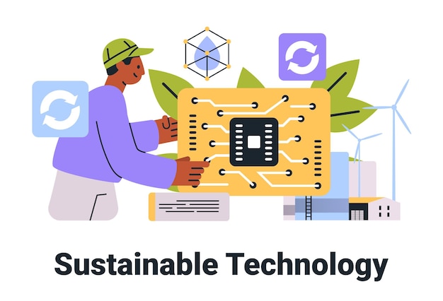 Concepto de tecnología sostenible con una persona sosteniendo una placa de circuitos rodeada de símbolos ecológicos