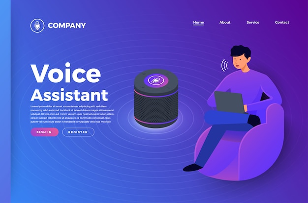 Concepto de tecnología de voz. Ilustraciones isométricas. asistente que conecta el dispositivo con el aprendizaje automático o la inteligencia artificial. Internet de las cosas.