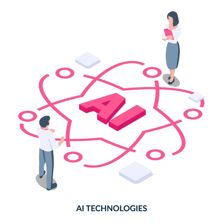 Vector concepto de tecnologías de ia personas isométricas frente a un signo de ia ilustración vectorial