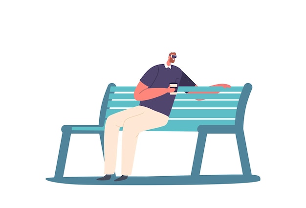 Concepto de tecnologías Vr Personaje masculino en auriculares sentado en un banco con una taza de café en la mano aislada sobre fondo blanco