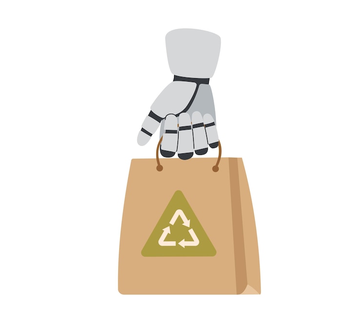 Vector concepto tecnológico robots con la mano sosteniendo una bolsa de compras de papel reciclable